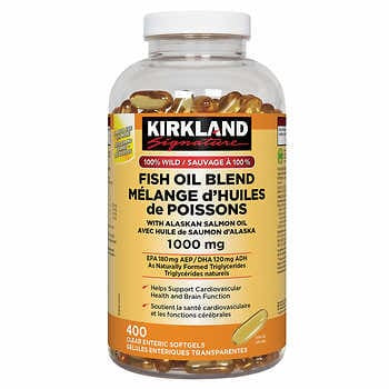 Kirkland Signature 100%野生魚油與阿拉斯加鮭魚油混合，1000毫克，400 粒軟膠囊